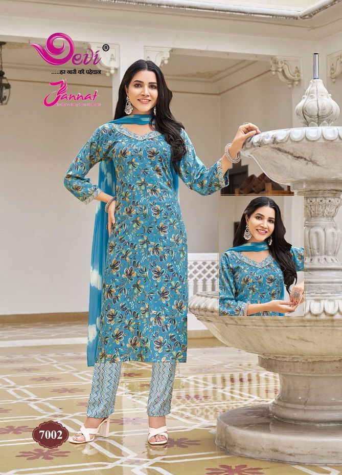 Jannat Vol 7 By Devi Rayon Printed Kurti With Bottom Dupatta Wholesale Shop In Surat